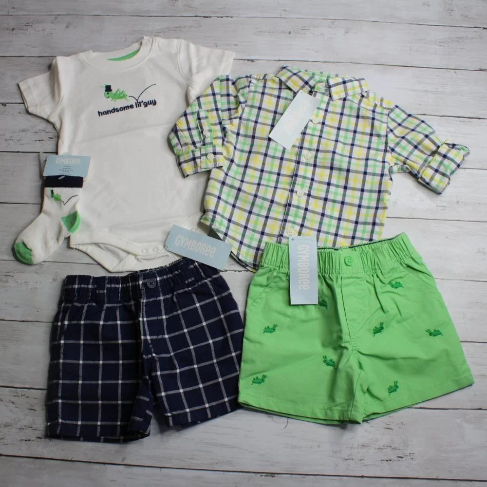Gymboree Baby Boy Plaid Shorts Shirts Size 6-12 Months Lot Grasshopper